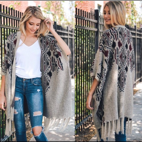 boutique item Sweaters - Tan, Black, and Burgundy Printed Fall Poncho